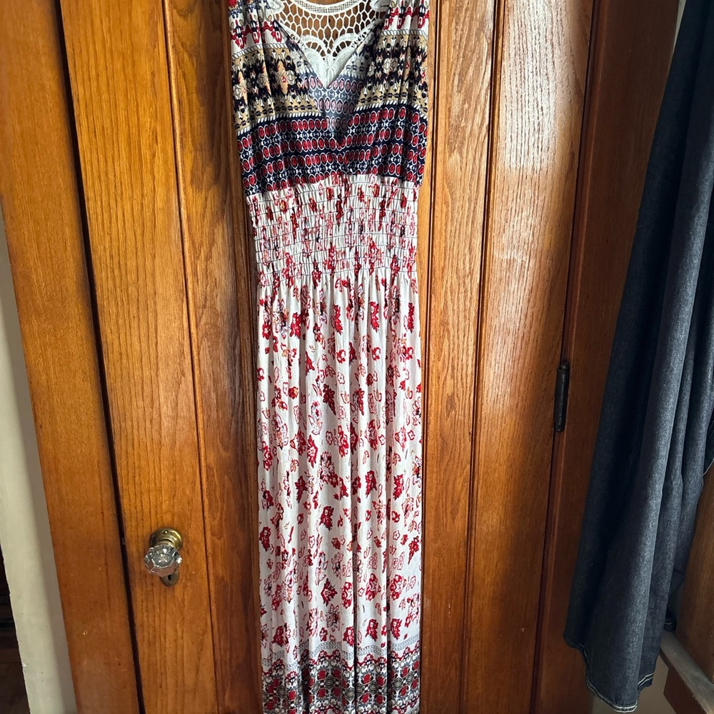 Bohemian Floral Maxi Dress with Crochet Neckline